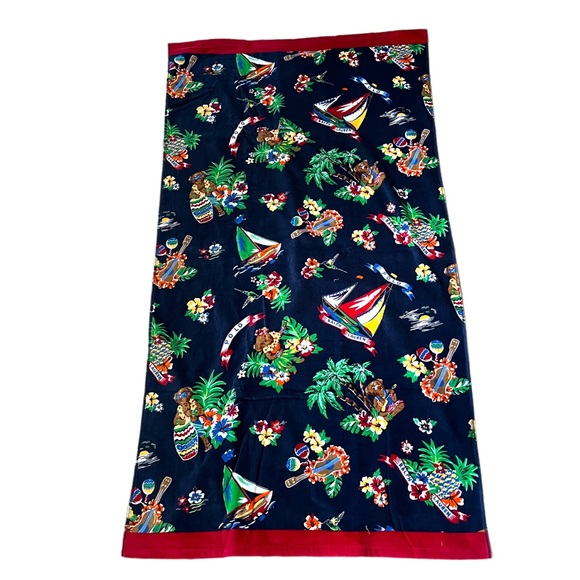 POLO RALPH LAUREN Hawaiian Polo Bear Beach Towel Navy Blue Green - Picture 2 of 12